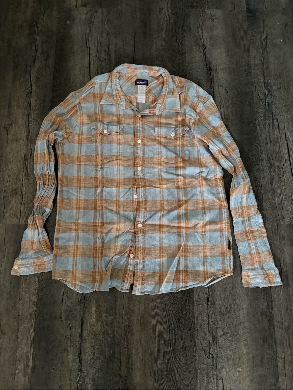 Patagonia Men's Plaid Button-Down Shirt in Light Blue & Tan